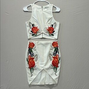White Two-Piece Set with Red Floral Embroidery and Beaded Accents